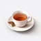 A cup of tea with a leaf on a saucer on white background