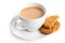 Cup of tea with milk and one and half crunchy oat and wholemeal biscuits isolated on white. White porcelain