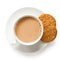 Cup of tea with milk and one and half crunchy oat and wholemeal biscuits isolated on white. White porcelain. Top view