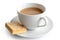 A cup of tea with milk and square shortbread biscuit isolated on