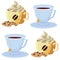 A cup of tea with a saucer and a cup of coffee with whipped cream and chocolate chip cookies. Vector stock illustration. Seamless