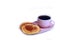 A cup of tea on a saucer and pumpkin pancakes  on white background