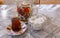 Cup of tea on the saucer, teapot and sugar bowl