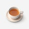 A cup of tea sits on a saucer on white background