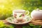 Cup with tea on table over landscape with sunlight. Beauty nature background ai generative