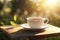 Cup with tea on table over landscape with sunlight. Beauty nature background ai generative