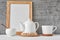 Cup of tea, teapot, sugar bowl, mockup