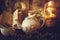 Cup of Tea and Teapot on wooden table with vintage clock, burning candle and old book