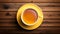 Cup of tea on a wooden background, top view, generative AI.