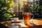 Cup of tea on the wooden table in cafe. warm morning dawn sun light