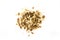 Cup of uncooked bread stuffing and spices top down view isolated over white