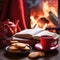 Cup of warm coffee and herbal tea, Christmas cookies and a favorite book, lit Christmas fireplace