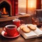 Cup of warm coffee and herbal tea, Christmas cookies and a favorite book, lit Christmas fireplace