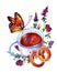 Cup watercolor illustration. Teacup withblack tea, butterfly, thyme and cookie.