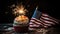 Cupcake and American Flag. Sparklers or fireworks lights burning in a cake. 4th of July, Independence, Presidents Day. Generative