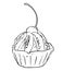 Cupcake basket with cream, kiwi and confectionery cherries in black and white colors, outline hand painted drawing