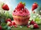 A cupcake with berries and strawberry toppings
