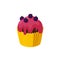 Cupcake with blackberry and red icing. Fairy cake in paper cup. Tasty dessert with frosting. Vector illustration