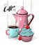 Cupcake with blue cream and cherry, cup of coffee and pink tea pot on simple white wooden texture, illustration