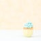 Cupcake with blue cream decoration on plate - yellow pastel square banner. Minimalism still life concept.