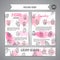 Cupcake brochure with handdrawn cupcakes and pink splashes. Delicious pastry slogan. Bakery banner confectionery Vector