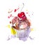 Cupcake cake with chocolate and cherry. Watercolor