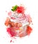 Cupcake cake with cream and strawberry berry. Watercolor