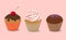 Cupcake with cherry, cupcake with cream, cupcake with chocolate