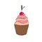 Cupcake with cherry. Vector doodle badge. Sweet vector print. Cartoon sticker in trendy style