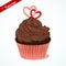 Cupcake with chocolate cream and sugar hearts for Valentines day. Greeting card, background, poster or template for