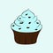 Cupcake with chocolate sprinkles isolated. Sweet Dessert with blue cream. Vector illustration