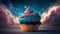 Cupcake with colorful cream and stars on the background of the night sky