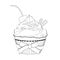 Cupcake with cream, with a cherry on top and waffles, vector outline illustration, coloring, sketch, contour black and white drawi