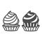 Cupcake with cream frosting, two flavors line and solid icon, pastry concept, fluffy muffin vector sign on white