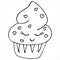 Cupcake with cream, heart-shaped sprinkles and cute closed eyes, cute drawing for kids, coloring book vector element
