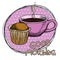 Cupcake and a cup of steaming aromatic coffee on a pink plate. Wish good morning. Freehand drawing
