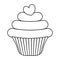 Cupcake in a curly mold. Sketch. Sweet heart dessert decoration. Vector illustration. Coloring book for children. Cake.
