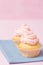 Cupcake decorated with pink buttercream on pastel pink background. Sweet beautiful cake. Vertical banner, greeting card for birthd