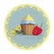 Cupcake, flowers, raspberry on round pattern frame.