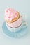 Cupcake with gentle pink cream decoration in two cups on blue pastel background.