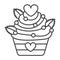 Cupcake with hearts and sprinkles for Valentine Day thin line icon, pastry concept, muffin vector sign on white