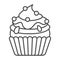 Cupcake with jam and sugar beads sprinkles thin line icon, pastry concept, fluffy muffin vector sign on white background
