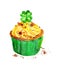 Cupcake with lucky clover leaf, trefoil with four leaves. Watercolor for Saint Patrick day