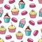 Cupcake and macaroon background. Seamless pattern with different cupcakes and macaroon on white background. Sweet