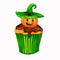 Cupcake, muffin with chocolate icing decorated with pumpkin for Halloween.