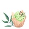 Cupcake muffin green sweet whipped cream. Mint, chocolate leaf, sprinkles. Hand drawn watercolor illustration isolated