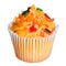 Cupcake with orange frosting and colored sprinkles isolated on white. Sweet food for Halloween