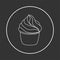 Cupcake pastry isolated icon. Line art style creamy dessert isolated on gray background. Bakery design logo in round frame. Sweets