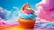 A cupcake placed on a captivating and vivid multicoloured background