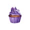 Cupcake with purple cream and pansies. Purple flowers and pastries. Watercolor illustration on isolated white background